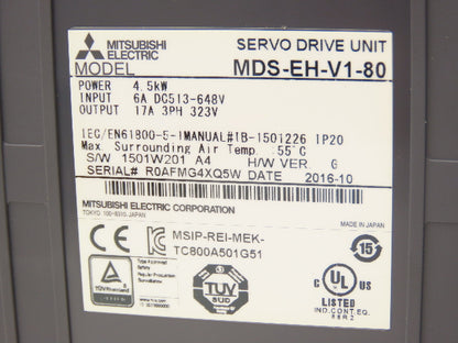Mitsubishi MDS-EH-V1-80 Servo Amplifier Drive 4.5kW 648VAC In 323VAC 3PH 17A Out