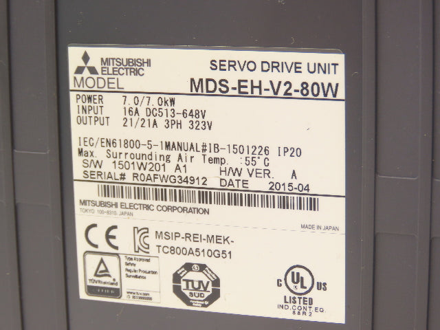 Mitsubishi MDS-EH-V2-80W Servo Amplifier Drive 7kW 648VAC In 323VAC 3PH 21A Out