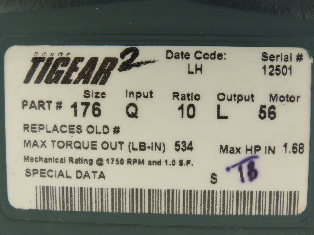 Dodge Tigear 2 176Q10L56 Worm Gearbox 10:1 Reducer 175rpm 1.6Hp 56C LH 534 In-Lb