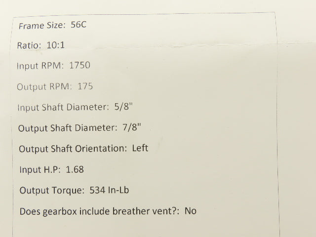 Dodge Tigear 2 176Q10L56 Worm Gearbox 10:1 Reducer 175rpm 1.6Hp 56C LH 534 In-Lb