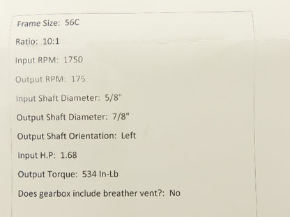 Dodge Tigear 2 176Q10L56 Worm Gearbox 10:1 Reducer 175rpm 1.6Hp 56C LH 534 In-Lb