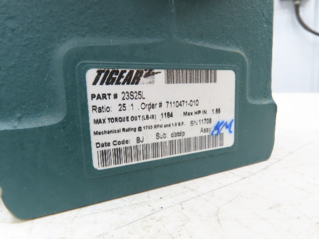 Dodge Tigear-2 23S25L Worm Gearbox 25:1 Reducer 70rpm 1.65Hp LH 1184 In-Lb