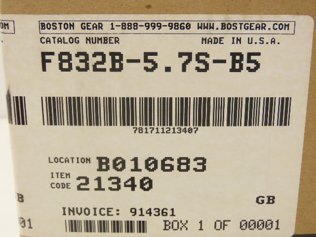 Boston Gear F832B-5.7S-B5 Inline Helical Reducer 5.54:1 Gearbox 316rpm 2.9Hp 56C