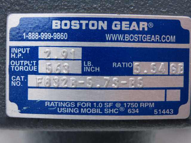Boston Gear F832B-5.7S-B5 Inline Helical Reducer 5.54:1 Gearbox 316rpm 2.9Hp 56C