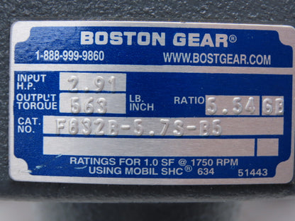Boston Gear F832B-5.7S-B5 Inline Helical Reducer 5.54:1 Gearbox 316rpm 2.9Hp 56C