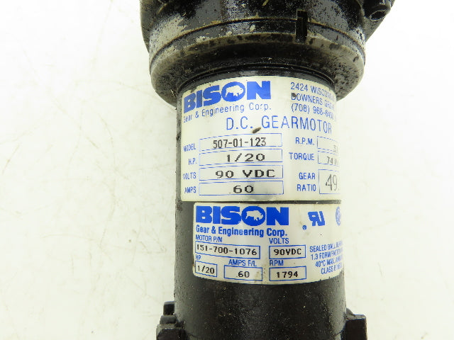 Bison 507-01-123 CNC DC Gearmotor 1/20Hp 90VDC 49:1 Ratio 37RPM Inline Assembly