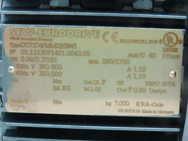Sew-Eurodrive DT71D4MM03/BW1 Movimot Variable Speed Motor 280-1700 RPM 380-500V