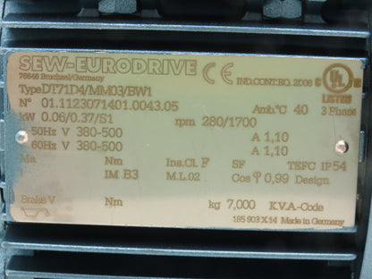 Sew-Eurodrive DT71D4MM03/BW1 Movimot Variable Speed Motor 280-1700 RPM 380-500V