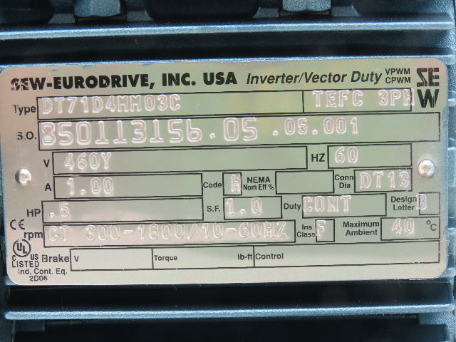 Sew-Eurodrive DT71D4MM03/BW1 Movimot Variable Speed Motor 280-1700 RPM 380-500V