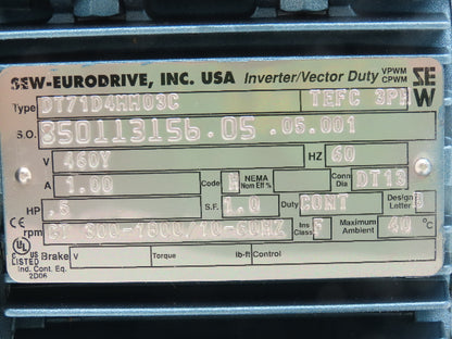 Sew-Eurodrive DT71D4MM03/BW1 Movimot Variable Speed Motor 280-1700 RPM 380-500V