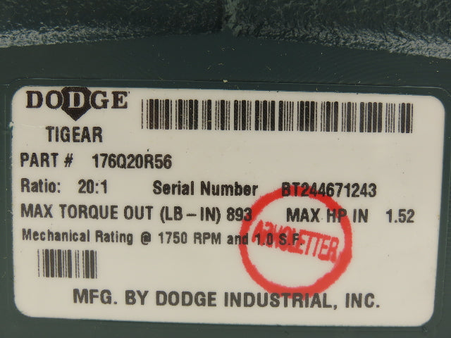Dodge Tigear 2 176Q20R56 Worm Gearbox 20:1 Reducer 88 RPM 1.5Hp RH 893 In-Lb