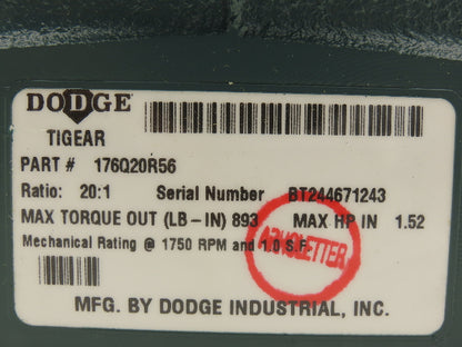 Dodge Tigear 2 176Q20R56 Worm Gearbox 20:1 Reducer 88 RPM 1.5Hp RH 893 In-Lb