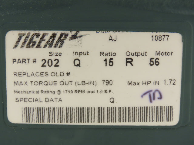 Dodge Tigear 2 202Q15R56 Worm Gearbox 15:1 Reducer 116rpm 1.7Hp RH 56C 790 In-Lb