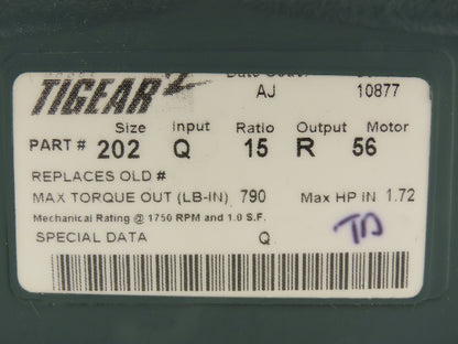 Dodge Tigear 2 202Q15R56 Worm Gearbox 15:1 Reducer 116rpm 1.7Hp RH 56C 790 In-Lb