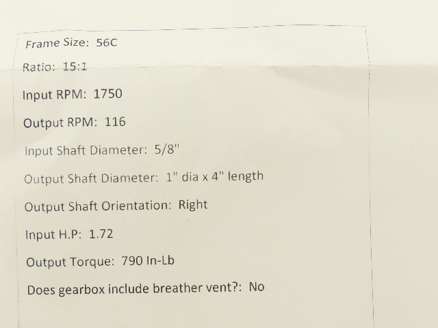 Dodge Tigear 2 202Q15R56 Worm Gearbox 15:1 Reducer 116rpm 1.7Hp RH 56C 790 In-Lb