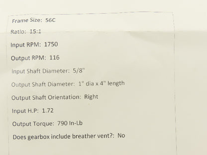 Dodge Tigear 2 202Q15R56 Worm Gearbox 15:1 Reducer 116rpm 1.7Hp RH 56C 790 In-Lb