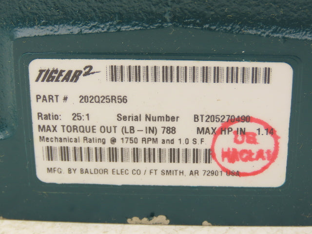 Dodge Tigear 2 202Q25R56 Worm Gearbox 25:1 Reducer 70rpm 1.14Hp RH 56C 788 In-Lb