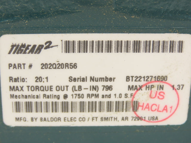 Dodge Tigear 2 202Q20R56 Worm Gearbox 20:1 Reducer 88rpm 1.37Hp RH 56C 796 In-Lb
