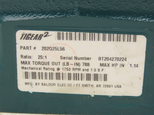 Dodge Tigear 2 202Q25L56 Worm Gearbox 25:1 Reducer 70rpm 1.14Hp LH 56C 788 In-Lb