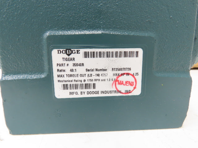Dodge Tigear 2 35S40R Worm Gearbox 40:1 Reducer 44rpm 4.25Hp RH 4757 In-Lb