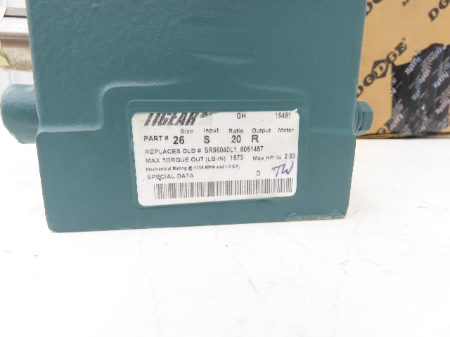 Dodge Tigear 2 26S20R Worm Gearbox 20:1 Reducer 88rpm 2.83Hp RH 1673 In-Lb