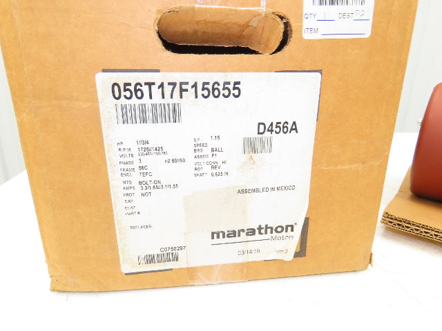 Marathon 56T17F15655A D456A Brake Motor 1Hp 1725 RPM 230/460V 3PH 56C TEFC