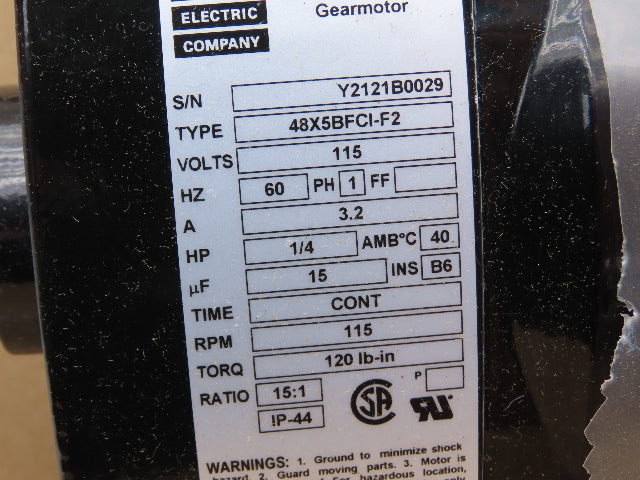 Bodine 48X5BFCI-F2 Gearmotor 15:1 Ratio 1/4Hp 115V 1PH 115 RPM Output