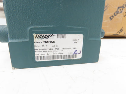 Dodge Tigear 2 26S15R Worm Gearbox 15:1 Reducer 116rpm 3.62Hp RH 1708 In-Lb