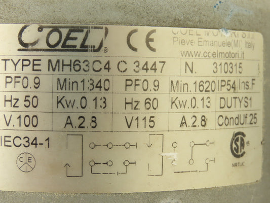 Coel MH63C4 C 3447 AC Motor 0.13kW 1620RPM 115V 1Ph IEC63