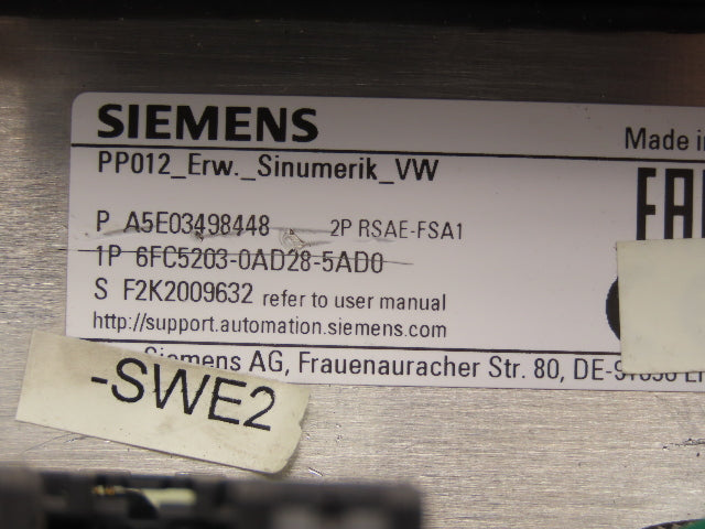 Siemens 6FC5203-0AD28-5AD0 Sinumerik 19" Expansion Panel for MCP/MPP No Keys