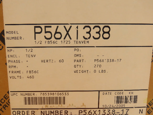 Reliance P56X1338H AC Motor 1/2Hp 1725 RPM 230/460V 3PH FB56C TENV