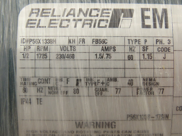 Reliance P56X1338H AC Motor 1/2Hp 1725 RPM 230/460V 3PH FB56C TENV