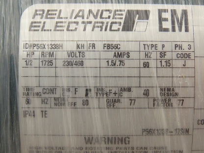 Reliance P56X1338H AC Motor 1/2Hp 1725 RPM 230/460V 3PH FB56C TENV