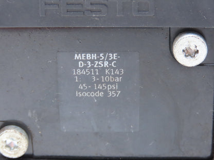 Festo 184511 MEBH-5/3E-D- 3  -ZSR-C Solenoid Valve 5/3 Exhausted G1/2" 24VDC