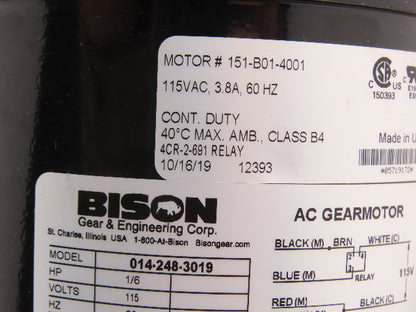 Bison 014-248-3019 Gearmotor 19:1 Ratio 87 RPM 1/6Hp 115V 3/4" Parallel Shaft