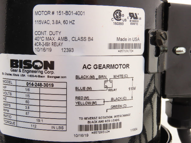 Bison 014-248-3019 Gearmotor 19:1 Ratio 87 RPM 1/6Hp 115V 3/4" Parallel Shaft