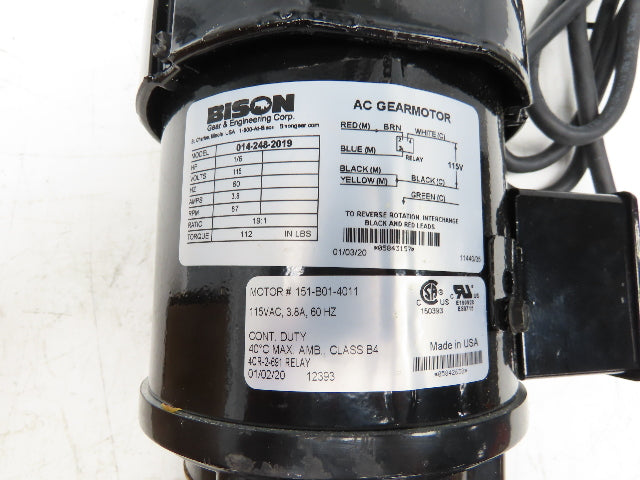 Bodine 014-248-2019 Gearmotor 19:1 Ratio 1/6Hp 115V 1PH 87 RPM Output