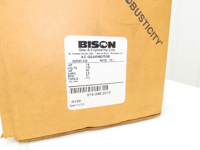 Bodine 014-248-2019 Gearmotor 19:1 Ratio 1/6Hp 115V 1PH 87 RPM Output