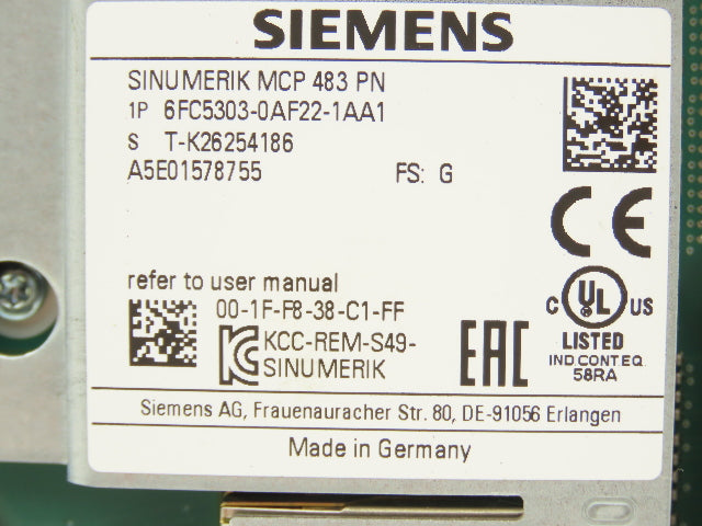 Siemens 6FC5303-0AF22-1AA1 Sinumerik MCP 483 PN Machine Control Panel Keypad