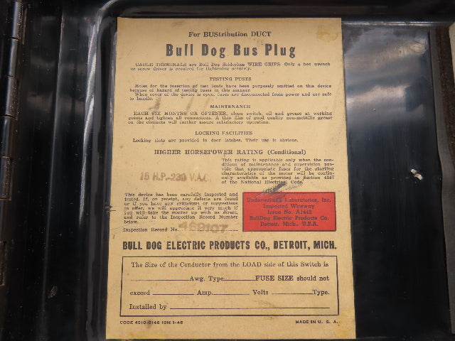 Bulldog Electric Safety Disconnect Switch Bus Plug 15Hp 60A 240V Bus-tribution
