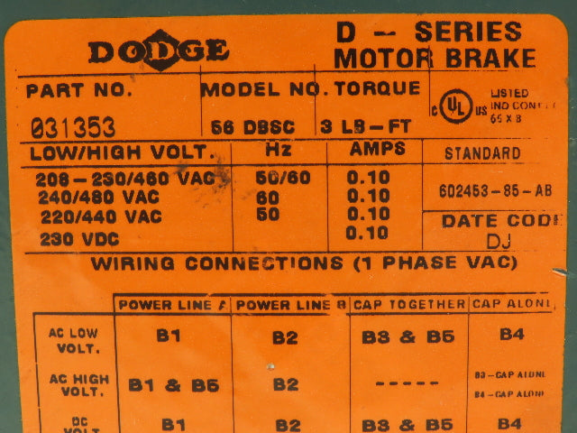 Dodge 031353 56 DBSC D-Series 56C Motor Brake 3 Ft-Lb 230/460V 1PH 230VDC