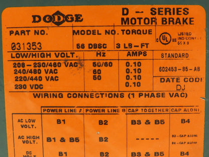 Dodge 031353 56 DBSC D-Series 56C Motor Brake 3 Ft-Lb 230/460V 1PH 230VDC