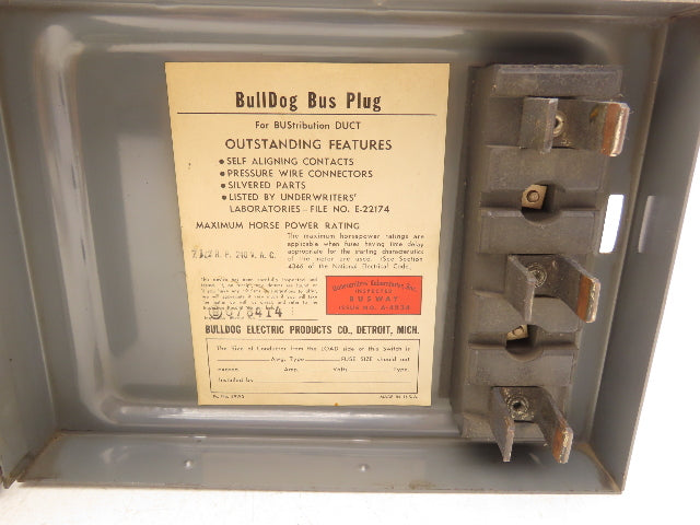 Bulldog Electric Bus-tribution Bus Plug 7.5Hp 30A 240V Safety Disconnect Switch