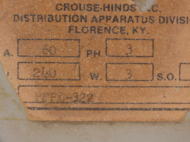Crouse Hinds PFPL322 PFPL-322 Bus Plug 15Hp 60A 240V Safety Disconnect Switch
