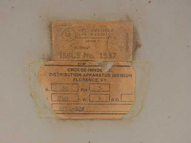 Crouse Hinds PFPL322 PFPL-322 Bus Plug 15Hp 60A 240V Safety Disconnect Switch