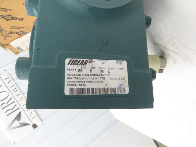 Dodge Tigear 2 26S30L Worm Gearbox 30:1 Reducer 58 RPM 2Hp LH 1705 In-Lb