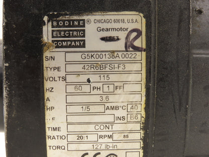 Bodine 42R6BFSI-F3 Gearmotor 20:1 Ratio 85 RPM 1/5Hp 115V 3/4" Parallel Shaft