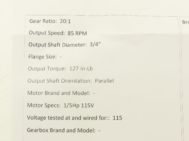 Bodine 42R6BFSI-F3 Gearmotor 20:1 Ratio 85 RPM 1/5Hp 115V 3/4" Parallel Shaft