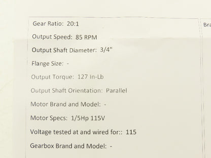 Bodine 42R6BFSI-F3 Gearmotor 20:1 Ratio 85 RPM 1/5Hp 115V 3/4" Parallel Shaft