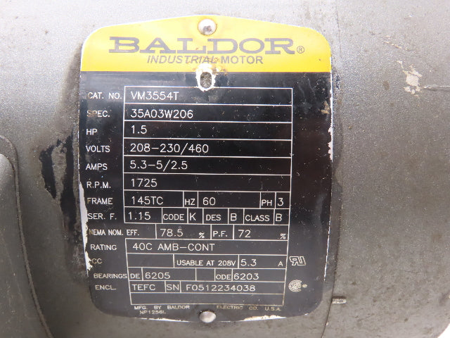 Baldor VM3554T AC Motor 1.5Hp 1725 RPM 230/460V 3PH 145TC TEFC